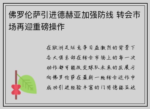 佛罗伦萨引进德赫亚加强防线 转会市场再迎重磅操作
